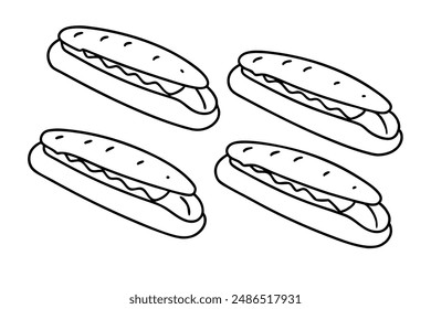 Baguette sandwiches line art dynamic design hand illustration