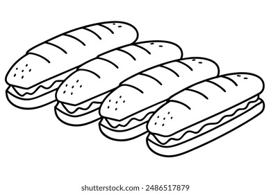 Baguette sandwiches line art intricate design hand drawing