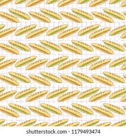 Baguette Set Stripes Seamless Vector Pattern, Hand Drawn Food Illustration of Healthy Filled Bread Slices for Cafe Restaurant Menu Backgrounds, Kitchen Decor, Nutrition Posters, Breakfast Packging
