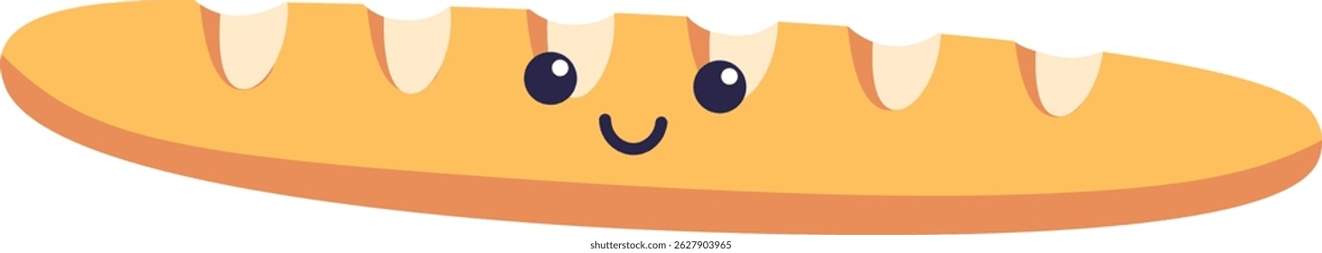 A baguette with a smiling face and cartoon eyes in a playful style. The bread features a happy expression and simple lines. Cartoon vector illustration.