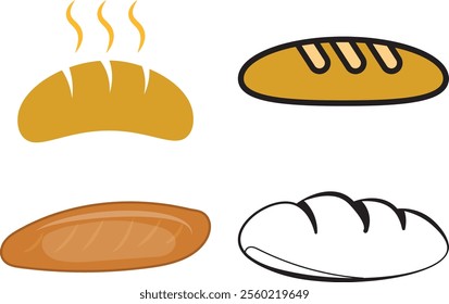 Baguette style bread loaf vector illustration in four different styles.