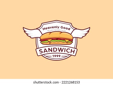 baguette submarine sandwich with wing logo icon badge emblem template