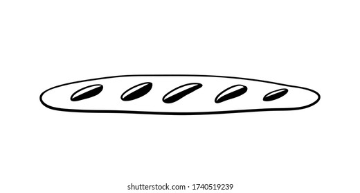 Baguette top view. Black line sketch of bread isolated on white background. Doodle hand drawn bread icons. Vector illustration