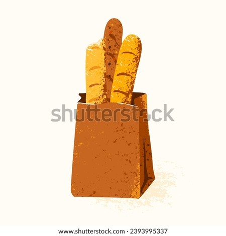 Baguette vector illustration. Bakery bread different types with rye and wheat flour, in paper package. Very yummy. One of them is bitten. Isolated on white background.