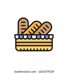 Baguettes in a basket, french bread flat color line icon.