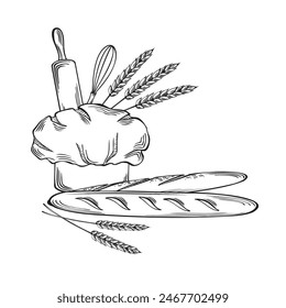 Baguettes with Chefs hat, baking tools and wheat ears. Bakery goods French bread with Rolling pin and whisk. Vector graphic illustration, isolated. Template for wrapping, cookbook, showcase, website.