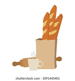 Baguettes and coffee with rolling pin