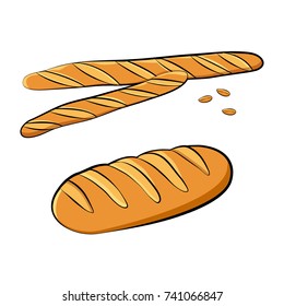 Baguettes, loaf and wheat grains. Vector illustration