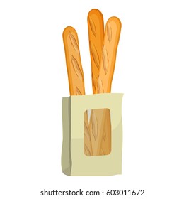 Baguettes in paper package isolated on white background. Vector illustration of bakery products. Long soft bun with slits along entire length. Fresh bread in realistic style