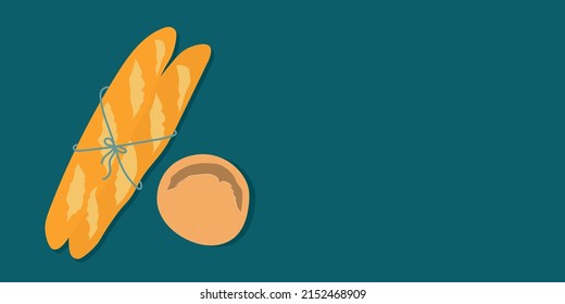 Baguettes and a round loaf of bread lie on a bright dark turquoise background. Vector illustration