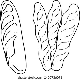 Baguettes con este linearto vectorial negro. Perfecto para los diseños de panadería, esta ilustración monocromática captura la sencillez y el encanto de este clásico pan francés.
