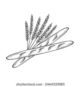 Baguettes and Wheat ears. Bakery goods, French white wheat bread. Vector flat illustration linear, isolated. Sereals for flour production.Template for wrapping, cookbook, menu, showcase, app, website.