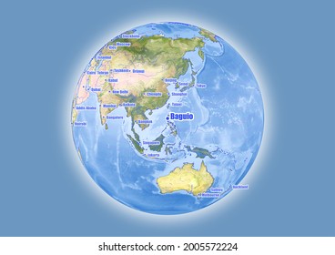 Baguio-Philippines is shown on vector globe map. The map shows Baguio-Philippines 's location in the world.