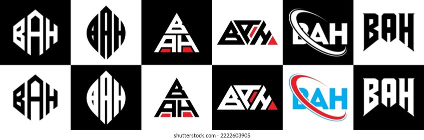 BAH letter logo design in six style. BAH polygon, circle, triangle, hexagon, flat and simple style with black and white color variation letter logo set in one artboard. BAH minimalist and classic logo