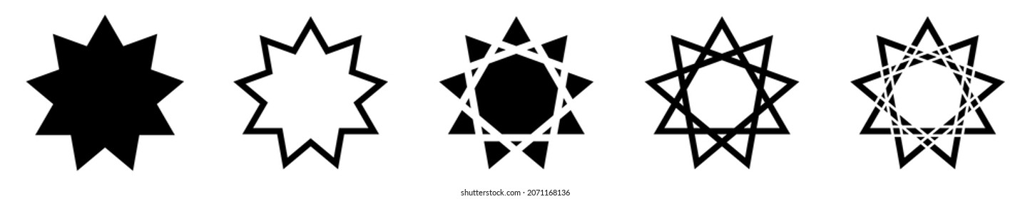 Bahai star. Black linear Baha'i symbols set. Religious symbol of Bahaism. Vector illustration.