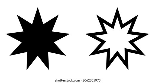 Bahai star. Set of black Bahai stars. Religious symbol of Bahaism. Vector illustration.