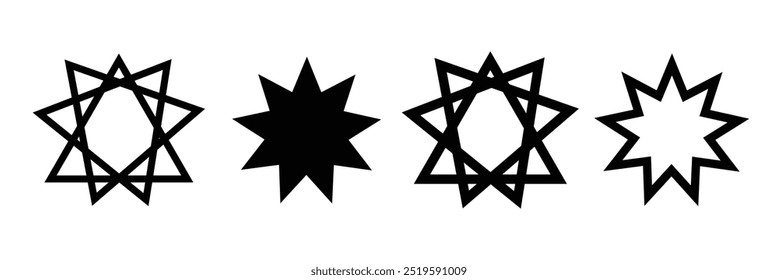 Conjunto de símbolos bahai. Estrella Bahai. Símbolo bahai lineal negro. Símbolo religioso del bahaísmo. Ilustración vectorial. Icono bahai.