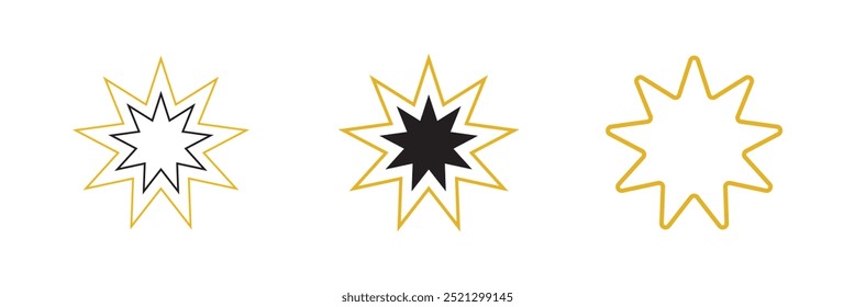 Conjunto de símbolos bahai. Estrella Bahai. Símbolo bahai lineal negro. Símbolo religioso del bahaísmo. Ilustración vectorial. Icono bahai.