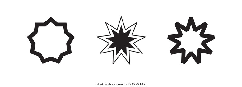 Conjunto de símbolos bahai. Estrella Bahai. Símbolo bahai lineal negro. Símbolo religioso del bahaísmo. Ilustración vectorial. Icono bahai.