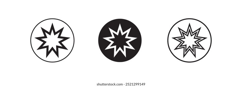 Conjunto de símbolos bahai. Estrella Bahai. Símbolo bahai lineal negro. Símbolo religioso del bahaísmo. Ilustración vectorial. Icono bahai.