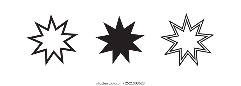 Conjunto de símbolos bahai. Estrella Bahai. Símbolo bahai lineal negro. Símbolo religioso del bahaísmo. Ilustración vectorial. Icono bahai.