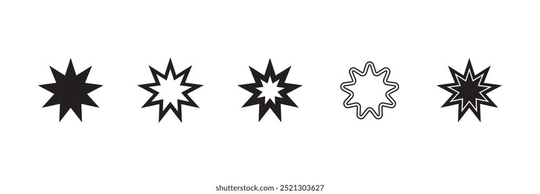 Conjunto de símbolos bahai. Estrella Bahai. Símbolo bahai lineal negro. Símbolo religioso del bahaísmo. Ilustración vectorial. Icono bahai.