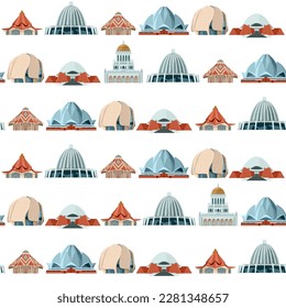 Bahai temples of the world. Bahai House of Worship in Chile, Colombia, India, Panama, Kenya, Germany, Israel. Seamless background pattern. Vector illustration 

