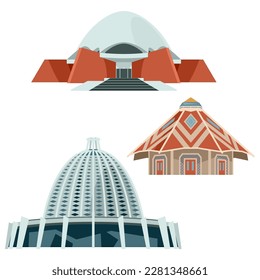 Bahai temples of the world. Bahai House of Worship in Panama City, Panama; in Matunda Soy, Kenya; in Langenhain, Germany. Vector illustration
