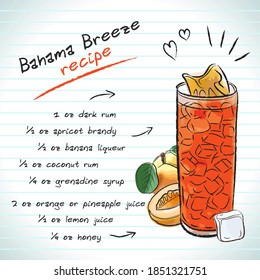 Bahama Breeze cocktail, vector sketch hand drawn illustration, fresh summer alcoholic drink with recipe and fruits
