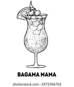 Bahama Mama cocktail illustration. Hand drawn sketch. Vector illustration. Isolated object. NOT AI