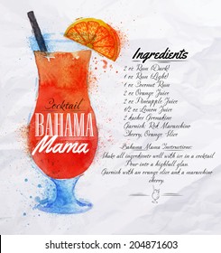 Bahama mama cocktails drawn watercolor blots and stains with a spray, including recipes and ingredients on the background of crumpled paper