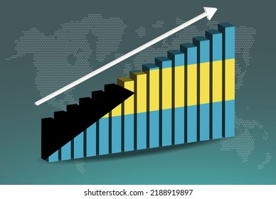 Bahamas 3D bar chart graph vector, upward rising arrow on data, country statistics concept, Bahamas country flag on 3D bar graph, increasing values, news banner idea