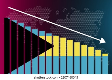 Bahamas bar chart graph, decreasing values, crisis and downgrade concept, Bahamas flag on bar graph, down arrow on data, news banner idea, fail and decrease, financial statistic