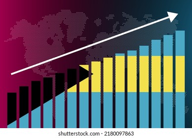 Bahamas bar chart graph, increasing values, country statistics concept, Bahamas country flag on bar graph, upward rising arrow on data, news banner idea