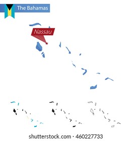 The Bahamas blue Low Poly map with capital Nassau, versions with flag, black and outline. Vector Illustration.