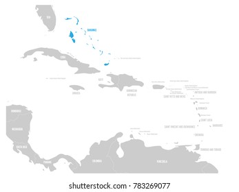 Bahamas Blue Marked In The Map Of Caribbean. Vector Illustration.