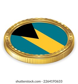 The Bahamas (BS) National Flag Round Icon 2.5D Isometric Projection View Gold Coin Isolated on White Background