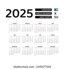 Bahamas Calendar 2025. Week starts from Sunday. Vector graphic design. English language.