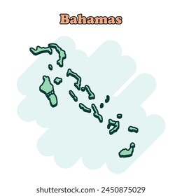 Bahamas cartoon colored map icon in comic style. Country sign illustration pictogram. Nation geography atlas business concept.	