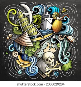 Bahamas cartoon vector doodle chalkboard illustration. Colorful detailed composition with lot of tropical objects and symbols.