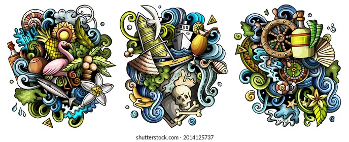 Bahamas cartoon vector doodle designs set. Colorful detailed compositions with lot of tropical objects and symbols. Isolated on white illustrations