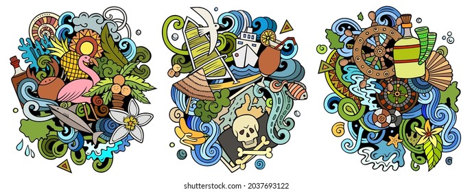 Bahamas cartoon vector doodle designs set. Colorful detailed compositions with lot of tropical objects and symbols. Isolated on white illustrations