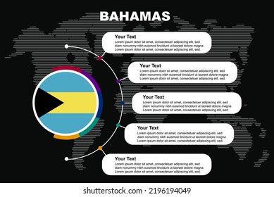 Infografía en círculo de las Bahamas con espacios de texto informativos, fondo negro con mapa del mundo, bandera del país circundante de las Bahamas, idea gráfica de presentación, información y plantilla de datos para los países