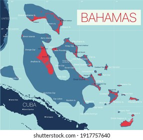 Bahamas detaillierte, bearbeitbare Karte mit Regionen Städte, Straßen und Eisenbahnen, geographische Standorte. EPS-10 Datei, Vektorgrafik