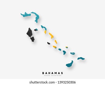 Bahamas detailed map with flag of country. Painted in watercolor paint colors in the national flag.