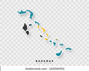 Bahamas detailed map with flag of country. Painted in watercolor paint colors in the national flag.