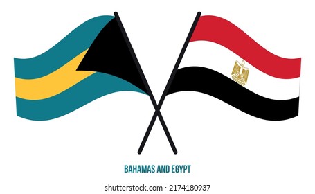 Banderas de Bahamas y Egipto Cruzadas y ondeando estilo plano. Proporción oficial. Colores correctos.