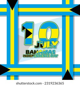 Bahamas flag with bold text, numbers and ribbon on a white background to commemorate Bahamas Independence Day on July 10