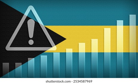 Bahamas flag with burlap texture, warning sign, and rising bar chart symbolizing increasing risk or growth challenges in the country. Ideal for data presentations.