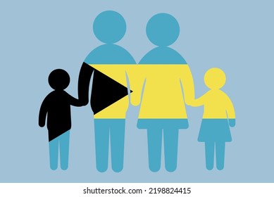 Bahamas flag with family concept, vector element, parent and kids holding hands, immigrant idea, happy family with Bahamas flag, flat design asset